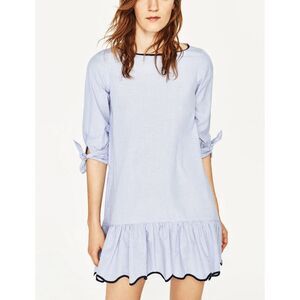 ZARA BASIC Poplin Cotton Blue White 3/4 Sleeve Ruffle Midi Dress Womens Medium